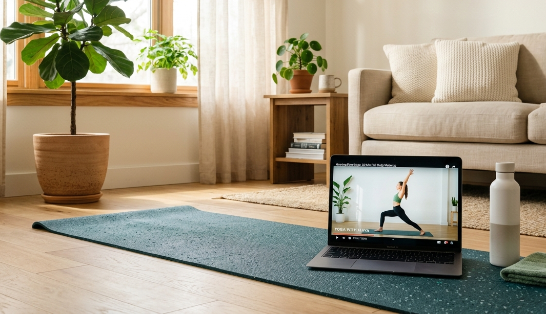 Laptop z filmem treningowym na YouTube na tle maty do ćwiczeń